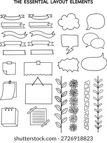 Um conjunto abrangente de ícones de planejador estético em um delicado estilo de arte de linha fina. Inclui elegantes faixas de fita, modelos de post-it, bolhas de fala minimalistas e divisores florais botânicos. Perfeito para planejamento digital, revistas de bala, scrapbooking, convites de casamento e marca de mídia social. Elementos vetoriais pretos e brancos desenhados à mão em um plano de fundo transparente.