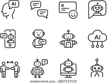 A comprehensive set of AI and chatbot line icons illustrating concepts like conversational agents, smart communication, machine learning, and digital assistant technology.