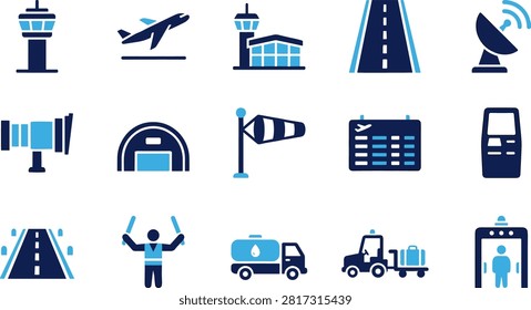 Comprehensive set of airport operations and aviation logistics icons. A collection of fifteen flat icons representing airport facilities and services in navy and cyan on grey. Includes runways, towers, and crew. Ideal for logistics or travel presentations.