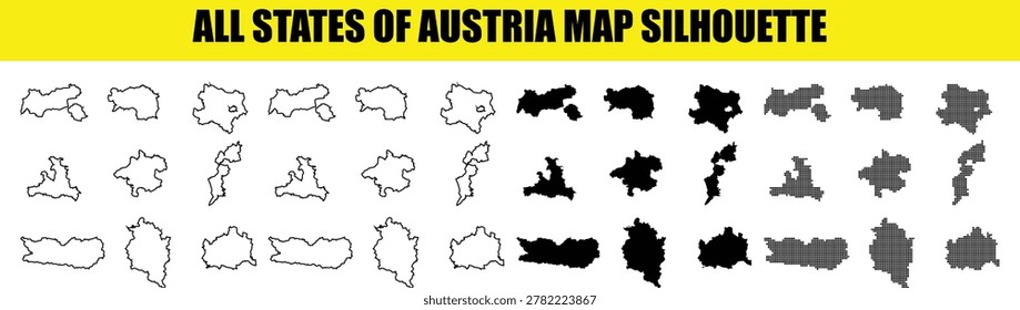 Comprehensive set of all austrian state maps featuring solid black silhouettes outlines and dotted versions perfect for educational materials political analyses travel presentations and regional studies.