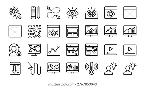 Comprehensive set of analytical icons representing heatmaps video playback monitoring graphs and user experience data.