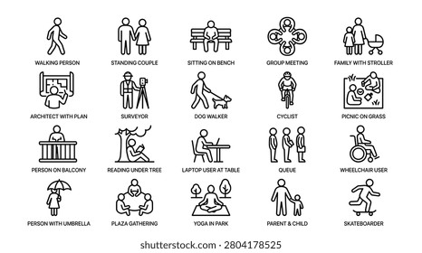 Comprehensive set of architectural human scale figures in line art style. Featuring diverse activities like reading under tree laptop user at table queue wheelchair user person with umbrella yoga in park parent with child and skateboarder for urban site planning projects.