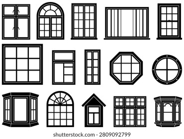 Comprehensive set of architectural window frames including arched circular bay and rectangular designs for home building.