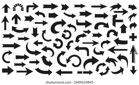 Un conjunto completo de iconos de flecha en varias Formas y direcciones. La característica distintiva de este conjunto es su estilo de silueta, proporcionando un aspecto limpio y moderno para cualquier diseño