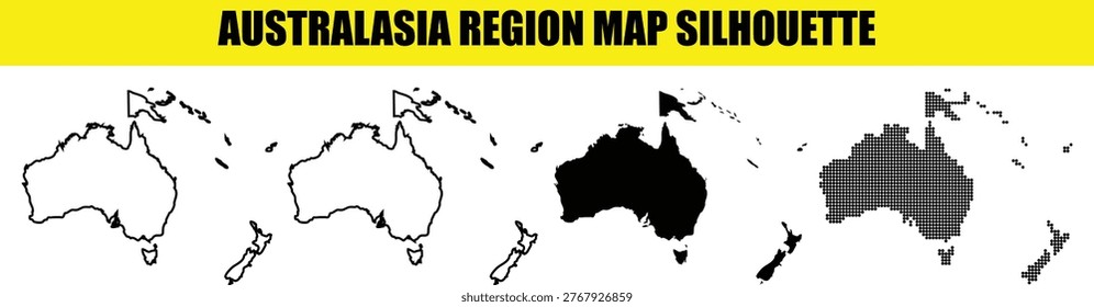 Comprehensive set of australasia regional map silhouettes for oceanic geography studies. Featuring clean lines and halftone dot patterns for professional presentations and digital graphics.