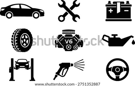 A comprehensive set of automotive icons representing car parts repair and vehicle maintenance services