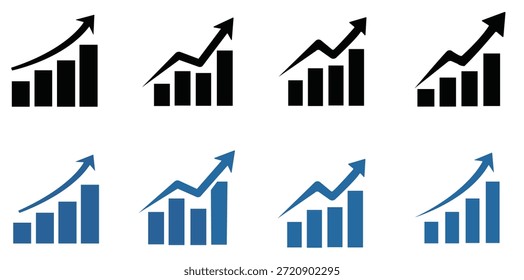 Um conjunto abrangente de ícones de gráficos de barras com setas de tendência ascendente em esquemas de cores preto e azul. Essa coleção de vetores representa o sucesso dos negócios, o crescimento financeiro e o desempenho positivo do mercado para apresentações profissionais.