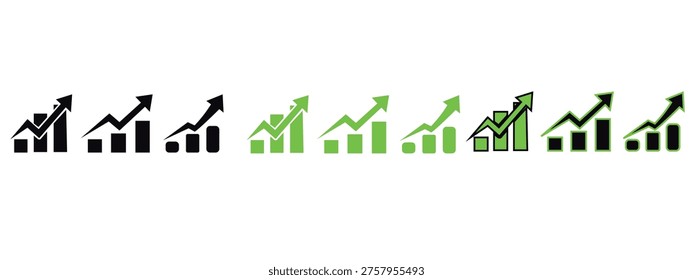 A comprehensive set of bar charts, each featuring an upward-sloping trend line, illustrating sustained growth and positive development. Presented in various design styles, including solid black, solid green, and mixed elements. This collection is excellent for visualizing progressive data, financial results, or business expansion in reports and presentations.