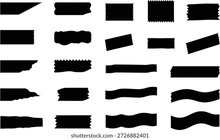 Conjunto completo de fragmentos de cinta adhesiva negra con diferentes longitudes y estilos de borde. Las tiras onduladas rompen los extremos y los cortes en ángulo para obtener efectos de montaje realistas. Ideal para fijar Fotos, agregar notas y crear tableros de sentimientos en presentaciones de Diseño web o arte gráfico.