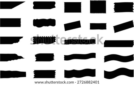 Comprehensive set of black adhesive tape fragments featuring different lengths and edge styles. Wavy strips torn ends and angled cuts for realistic mounting effects. Ideal for pinning photos adding notes and creating mood boards in web design or graphic art presentations.