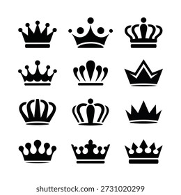 A comprehensive set of black crown icons isolated on a clean white background. The image displays twelve distinct crown silhouettes, arranged in a grid pattern. Each icon features a unique design, showcasing different styles of royal headwear, from simple, pointed crowns to more elaborate shapes. This collection is ideal for various design purposes, symbolizing concepts of royalty, power, authority, luxury, leadership, and success.