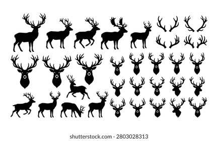 A comprehensive set of black deer, buck, and stag silhouettes. The collection features full-body animals in standing, running, and grazing poses, along with detailed stag head portraits and various isolated antler designs. Perfect for hunting logos, outdoor branding, Christmas decorations, and wildlife illustrations