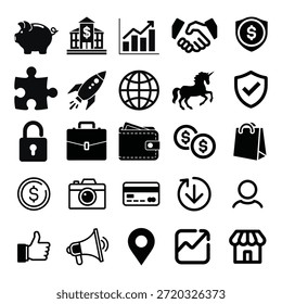 Conjunto completo de iconos planos negros de negocios y comercio