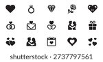 Comprehensive set of black flat love icons representing marriage proposal dating and romantic relationship art