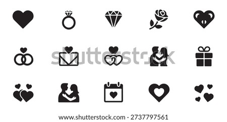 Comprehensive set of black flat love icons representing marriage proposal dating and romantic relationship art