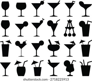 A comprehensive set of black flat outline vector icons featuring various bar drink and cocktail glassware like martini, margarita, and highball glasses. Ideal for menus and web design.