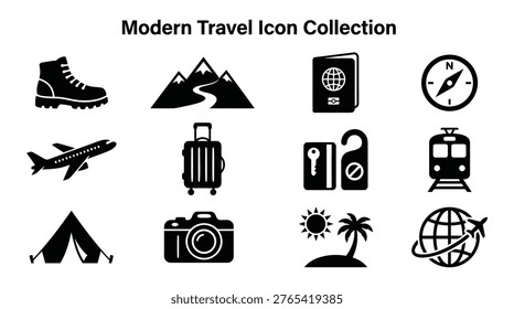 Comprehensive set of black flat pictograms for tourism industry showing transportation hiking gear lodging options and global navigation tools for map applications.