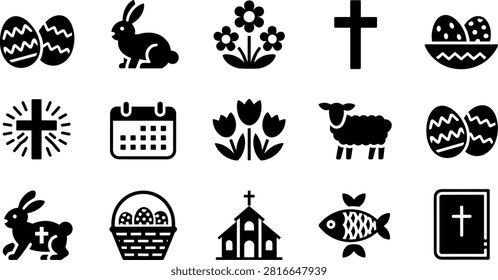 A comprehensive set of black flat vectors representing Christian religious symbols and traditional Easter themes. Ideal for church bulletins, holiday greeting cards, religious publications, mobile app interfaces, and seasonal website graphics.
