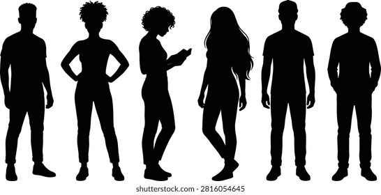 A comprehensive set of black human silhouettes representing diverse individuals in casual standing poses. Perfect for architectural renderings, infographics, and modern graphic design projects.
A comprehensive set of black human silhouettes representing diverse individuals in casual standing poses. Perfect for architectural renderings, infographics, and modern graphic design projects.
