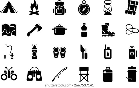 Ein umfangreiches Set schwarzer Symbole, die verschiedene Camping- und Wanderausrüstungen, einschließlich Zelte, Werkzeuge, Navigation und Bekleidung, auf weißem Hintergrund darstellen.