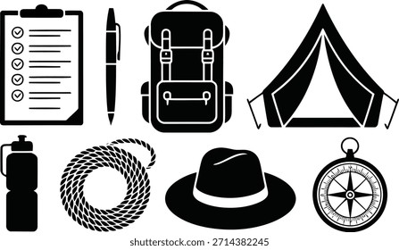 Un conjunto completo de iconos negros que representan el equipo al aire libre, como una mochila, tienda de campaña, brújula y botella de agua para la aventura.
