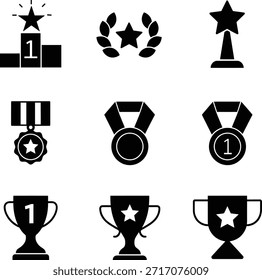 Conjunto completo de iconos negros que representan la victoria, el logro y los conceptos de premio