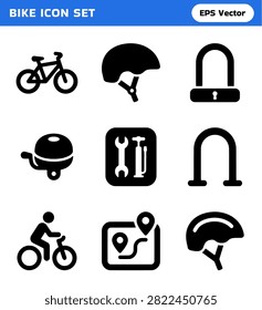 A comprehensive set of black icons representing various cycling accessories and activities, including a bicycle, helmet, lock, bell, tools, and navigation map.