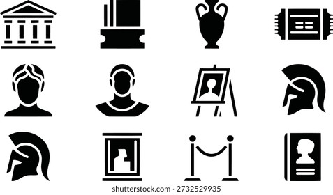 Um conjunto abrangente de ícones negros mostrando arquitetura antiga, artefatos históricos, exibições de arte e elementos de visitantes do museu.