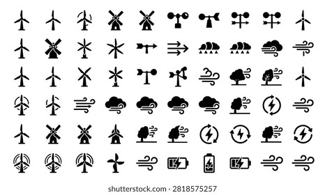 Comprehensive set of black icons for wind energy, renewable power, and weather tools. Features wind turbines, windmills, anemometers, and weather symbols on a white background.
