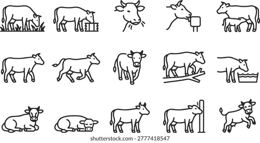 Comprehensive set of black outline icons depicting various cow activities including grazing, nursing, drinking, lying down, and walking. Ideal for agricultural websites or farming infographics.