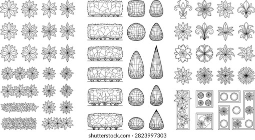 A comprehensive set of black outline illustrations featuring various trees, shrubs, hedges, and ornamental plants shown in top view and elevation styles. These clean landscape symbols are ideal for architectural site plans, garden design projects, landscaping presentations, and professional planning documents.