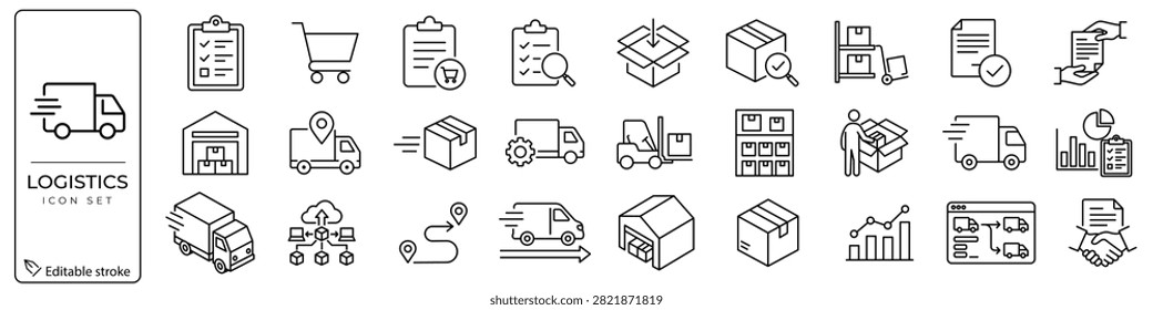 Comprehensive set of black outline vector icons related to logistics, shipping, delivery, warehousing, and supply chain management. Features trucks, packages, warehouse racks, forklift, shopping cart, route tracking, and documents with editable stroke. Perfect for delivery apps, e-commerce, and business websites. Editable stroke