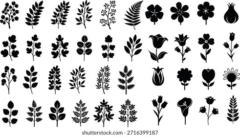 A comprehensive set of black plant silhouettes on a white background, showcasing diverse botanical illustrations