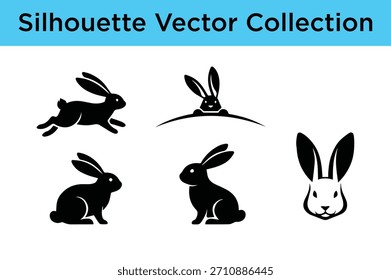 Un conjunto completo de siluetas de conejo negro y conejo en varias poses dinámicas, ideales para Pascua, naturaleza y Diseños gráficos de temática animal.