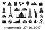A comprehensive set of black silhouette icons representing global travel, tourism, and famous world landmarks, ideal for international adventure concepts.
