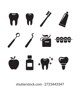 Um conjunto abrangente de ícones de silhueta preta que ilustram o cuidado dental, a higiene oral e a saúde, com dentes, ferramentas, produtos e símbolos relacionados.