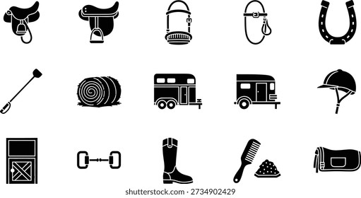 A comprehensive set of black silhouette icons depicting essential equestrian equipment and horse-related items, such as saddles, bridles, riding gear, hay, and horse trailers.