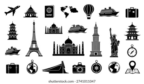 A comprehensive set of black silhouette icons representing global travel, tourism, and famous world landmarks, ideal for international adventure concepts.