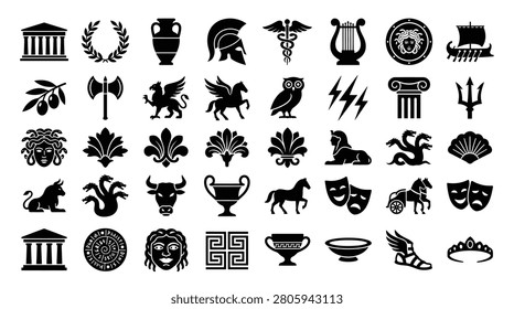 Comprehensive set of black silhouette icons depicting Ancient Greek mythology, including temples, Spartan helmets, gods' attributes, mythical beasts, and classic cultural symbols.