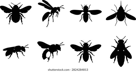 A comprehensive set of black silhouette icons depicting different species of bees, wasps, hornets, and similar flying insects. This graphic resource is perfect for educational materials, pest control marketing, and nature-themed designs.