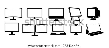 A comprehensive set of black silhouette icons representing diverse screen technologies and display configurations. This assortment features modern curved monitors, dual screen setups, laptops, tablets, and even vintage cathode ray tube displays. These graphics are perfect for enhancing web interfaces, instructional manuals, and office workstation diagrams.