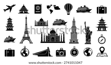 A comprehensive set of black silhouette icons representing global travel, tourism, and famous world landmarks, ideal for international adventure concepts.