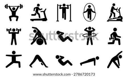 A comprehensive set of black silhouette icons representing various fitness and exercise activities. Includes strength training, cardio, flexibility, and yoga poses.