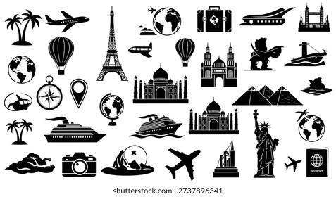 A comprehensive set of black silhouettes depicting global travel and tourism. Includes famous world landmarks, diverse transport, and essential vacation planning symbols.
