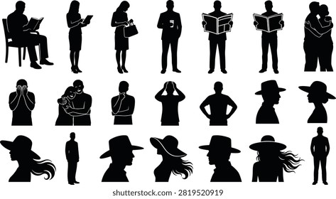 A comprehensive set of black silhouettes depicting men and women in various daily activities, professional poses, and emotional states. These versatile vector figures are perfect for corporate presentations, lifestyle illustrations, architectural visualization, and creative graphic design projects.A comprehensive set of black silhouettes depicting men and women in various daily activities, professional poses, and emotional states. These versatile vector figures are perfect for corporate presentations, lifestyle illustrations, architectural visualization, and creative graphic design projects.