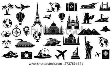 A comprehensive set of black silhouettes depicting global travel and tourism. Includes famous world landmarks, diverse transport, and essential vacation planning symbols.