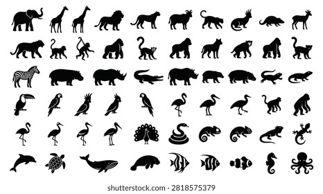 Comprehensive set of black silhouettes including mammals, birds, reptiles, and marine life like elephants, lions, giraffes, and whales on a white background.