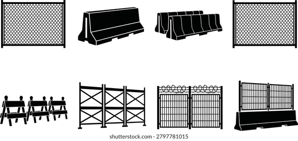 A comprehensive set of black silhouettes representing construction barriers, safety fences, and road security equipment. Ideal for architectural planning, industrial site graphics, and civil engineering design projects.
