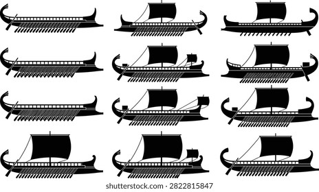 A comprehensive set of black silhouettes representing ancient Mediterranean rowing vessels including various styles of triremes and biremes. Perfect for historical illustrations, educational materials, and nautical-themed branding projects.
