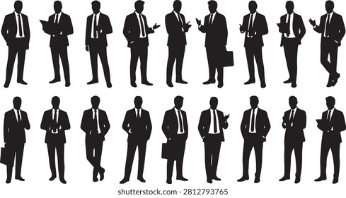 A comprehensive set of black silhouettes showcasing various male business figures in suits, standing and gesturing, perfect for corporate themes and leadership.